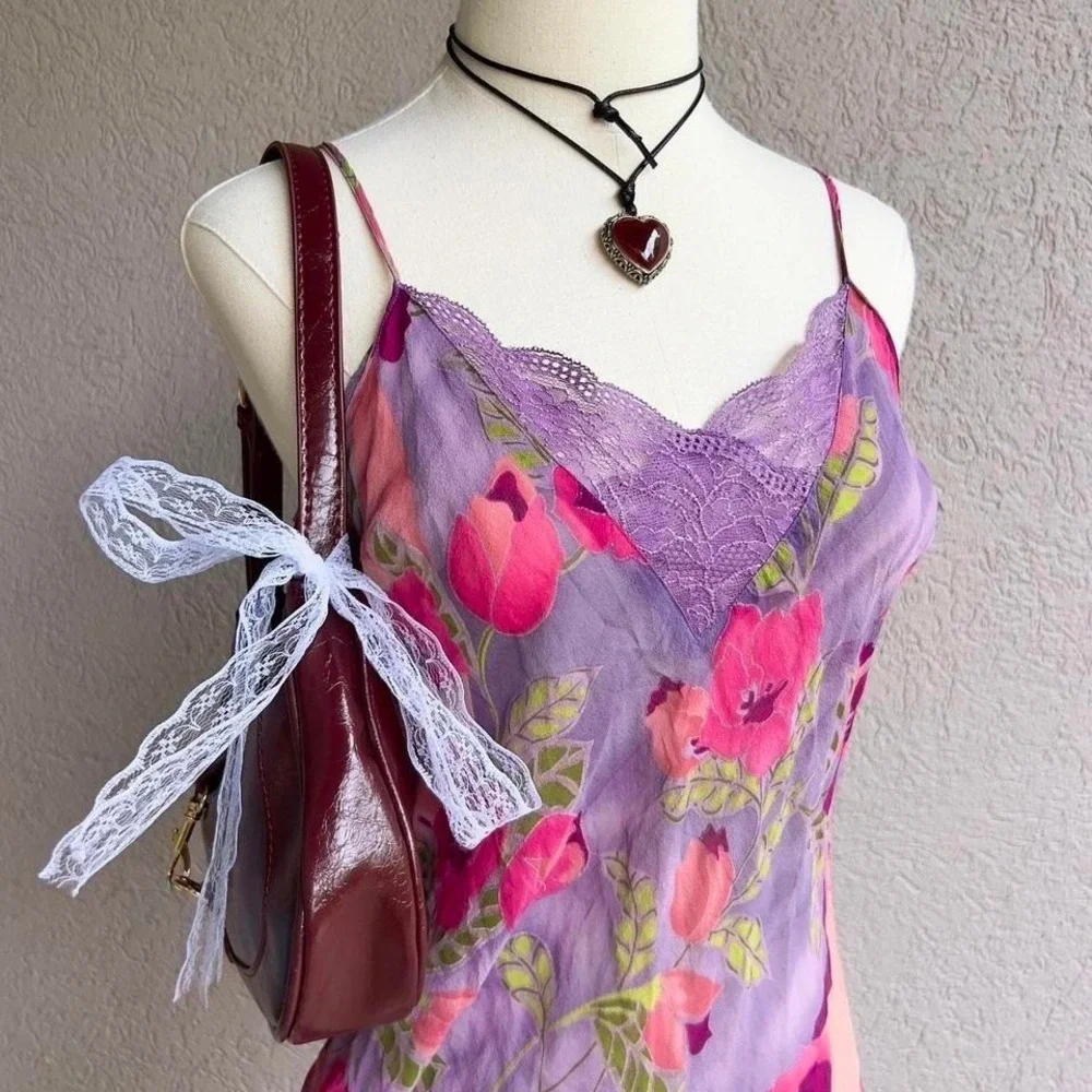 Vtg Y2K 2001 Victoria's Secret 100% Silk Slip Dress Purple Floral Lingerie - Picture 5 of 8